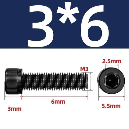 3*6 - Screw size (diameter 3 mm, length 6 mm).
Material: Grade 12.9 alloy steel.
Applicable wrench: 2.5 mm.
Thread diameter: M3.
Hexagon side-to-side measurement: 2.5 mm.
Head diameter: 5.5 mm.
Head thickness: 3 mm.
Length: 6 mm.