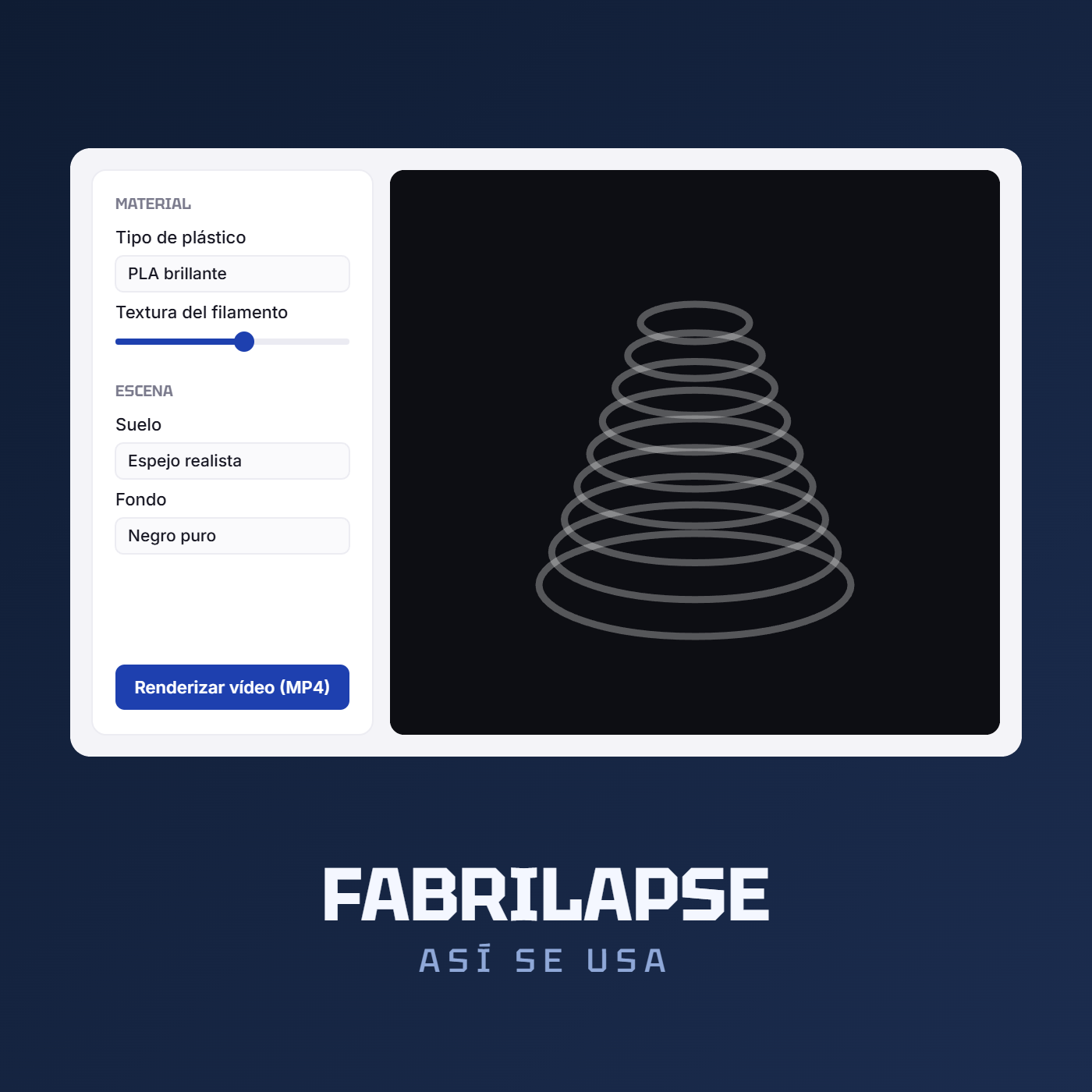 La interfaz de Fabrilapse: material, escena y botón de exportar