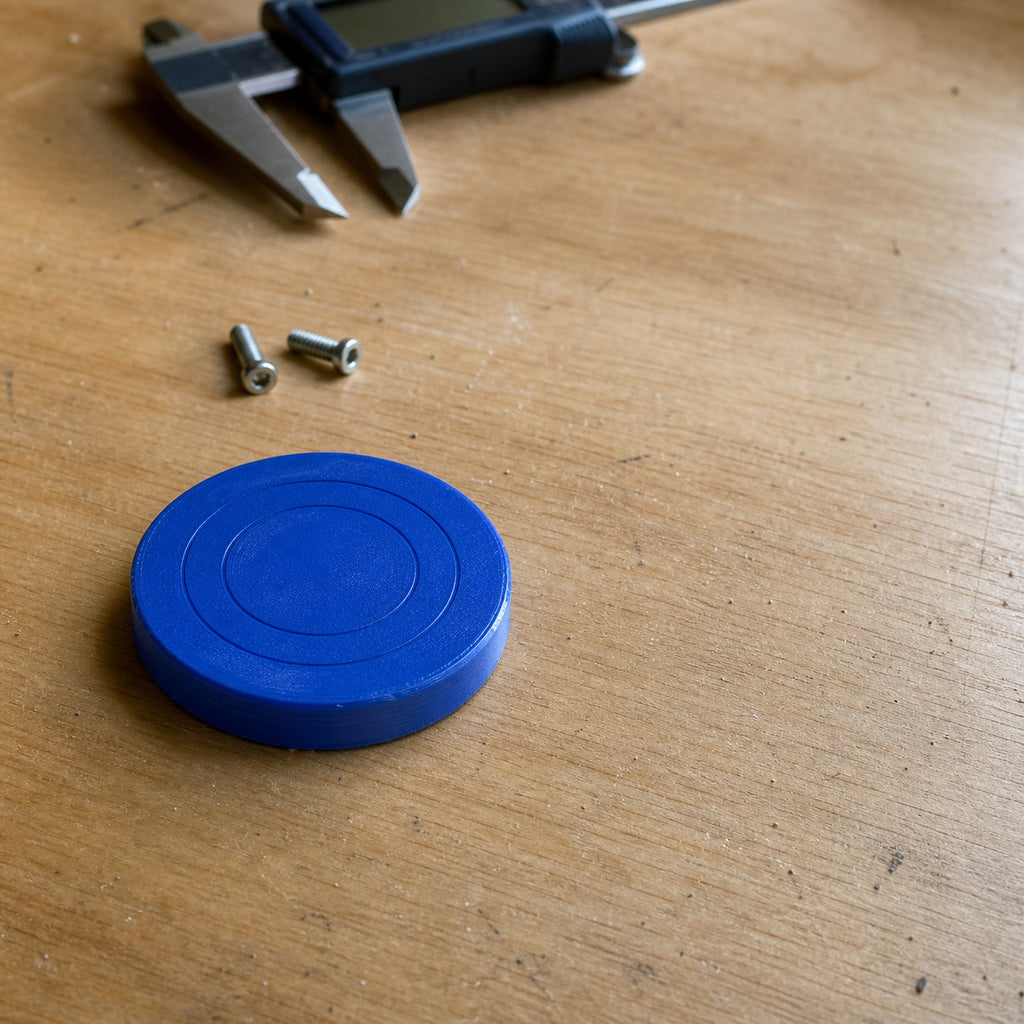 Moneda de creditos de Fabrilapse sobre una mesa de trabajo, junto a un calibre y tornillos M3
